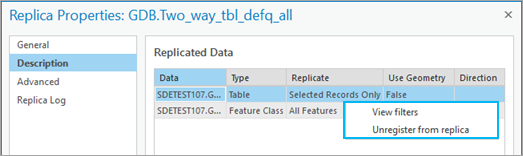 Dans la boîte de dialogue Replica Properties (Propriétés du réplica), sur l’onglet Description, sélectionnez View filters (Afficher les filtres) ou Unregister from replica (Désinscrire du réplica).