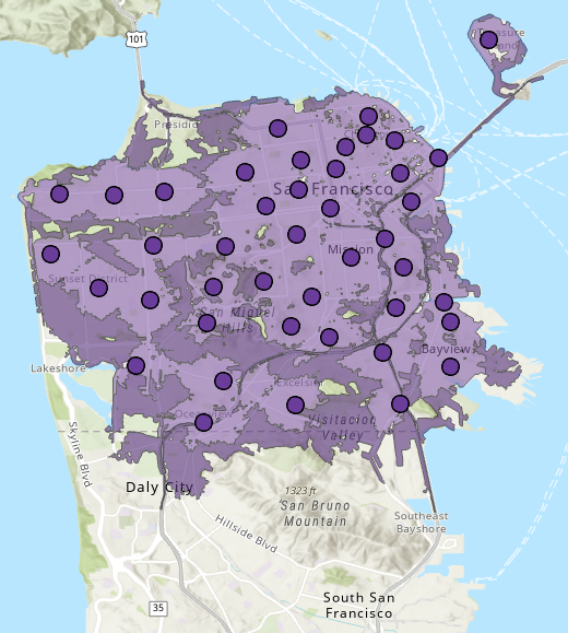 Zones accessibles entre deux et quatre minutes depuis toute caserne Zones accessibles entre deux et quatre minutes depuis toute caserne