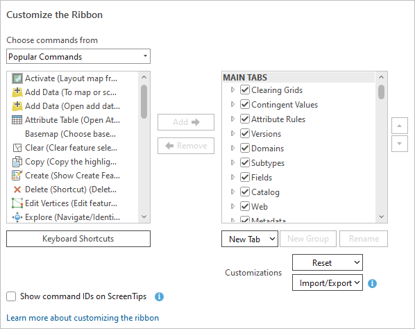 Onglet Customize the Ribbon (Personnaliser le ruban) dans la boîte de dialogue Options