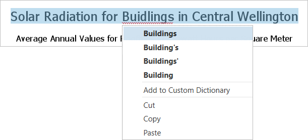 Menu contextuel affichant les corrections suggérées pour un mot mal orthographié dans un élément de texte de la mise en page Menu contextuel affichant les corrections suggérées pour un mot mal orthographié dans un élément de texte de la mise en page