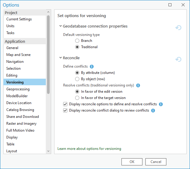 Onglet Versioning Options (Options de versionnement) des paramètres du projet ArcGIS Pro Onglet Versioning Options (Options de versionnement) des paramètres du projet ArcGIS Pro