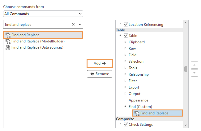 Commande Find and Replace (Rechercher et remplacer) ajoutée à un groupe personnalisé