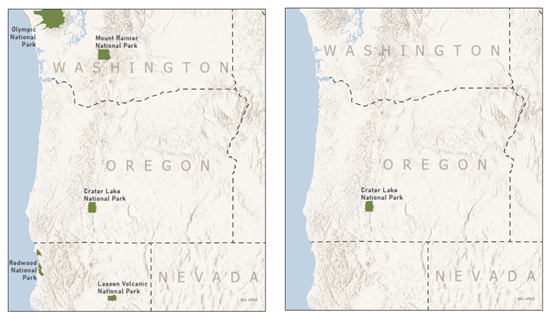 Images côte à côte de la même page de la série de cartes de l’Oregon qui compare une image dans laquelle les parcs nationaux dans l’étendue de la carte sont affichés avec une image dans laquelle seuls les parcs nationaux de l’Oregon apparaissent Images côte à côte de la même page de la série de cartes de l’Oregon qui compare une image dans laquelle les parcs nationaux dans l’étendue de la carte sont affichés avec une image dans laquelle seuls les parcs nationaux de l’Oregon apparaissent