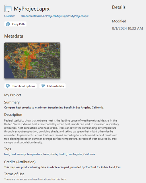 Métadonnées du projet et image miniature sur la page d’informations Métadonnées du projet et image miniature sur la page d’informations