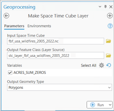 Outil de géotraitement Make Space Time Cube Layer (Créer une couche de cube spatio-temporel)