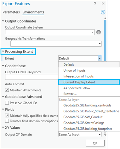 Option Current Display Extent (Étendue actuellement affichée) dans l’onglet Environments (Environnements)