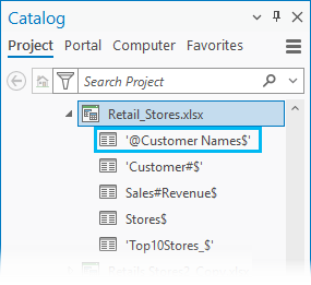 Feuille de calcul Excel '@Customer Names$' affichée dans la fenêtre Catalog (Catalogue) sous forme de table dans ArcGIS Pro