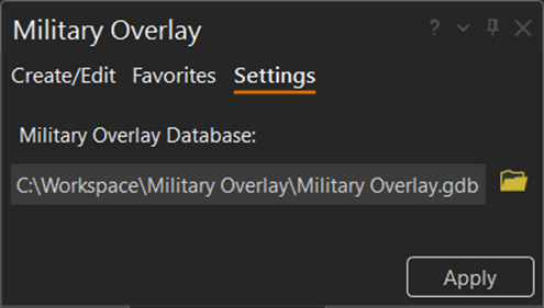 Onglet Settings (Paramètres) de la fenêtre Military Overlay (Superposition militaire) avec la valeur par défaut