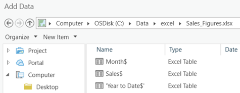 Feuilles de calcul Excel dans la boîte de dialogue Add Data (Ajouter des données)