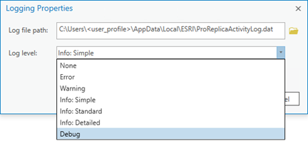 Options Log level (Niveau de consignation) dans la boîte de dialogue Logging Properties (Propriétés de consignation)