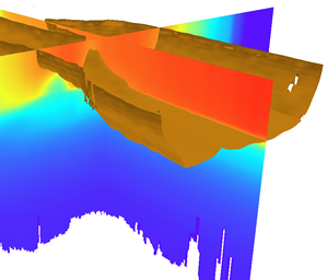 Couche de voxel de l’unité marine écologique avec la section transversale de la température et d’une isosurface à 25 degrés Celsius