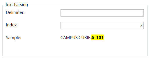 Section Text Parsing (Analyse de texte) contenant les paramètres Delimiter (Délimiteur) et Index configurés pour une chaîne longue Section Text Parsing (Analyse de texte) contenant les paramètres Delimiter (Délimiteur) et Index configurés pour une chaîne longue