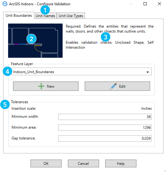 Onglet Unit Boundaries (Limites d’unité) de la fenêtre Configure Validation (Configurer la validation) d’ArcGIS Indoors