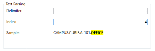 Section Text Parsing (Analyse de texte) contenant les paramètres Delimiter (Délimiteur) et Index configurés pour une chaîne longue Section Text Parsing (Analyse de texte) contenant les paramètres Delimiter (Délimiteur) et Index configurés pour une chaîne longue