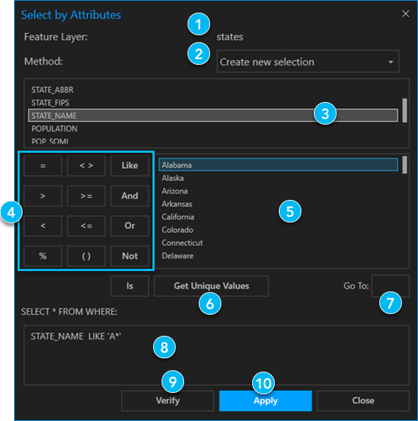 Interface utilisateur Select by attributes (Sélectionner par attributs) avec étiquette