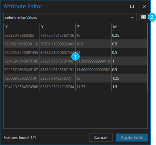 Interface utilisateur Éditeur d’attributs pour les valeurs m des polylignes. Interface utilisateur Éditeur d’attributs pour les valeurs m des polylignes.