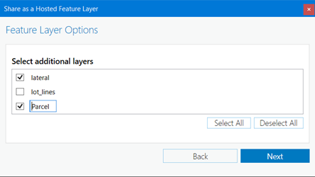 Interface utilisateur de sélection de couche d’entités de document pour Share as Hosted Feature Layer (Partager en tant que couche d’entités hébergée)