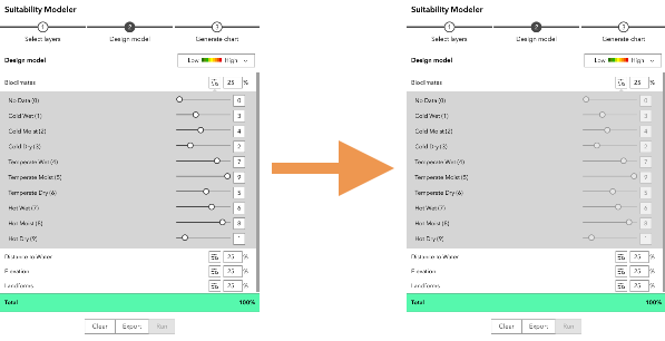Contrôles du curseur non disponibles dans le widget Suitability Modeler (Modélisateur d’adéquation)