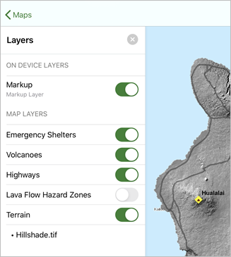 Liste des couches et carte avec la couche Lava Flow Hazard Zones désactivée