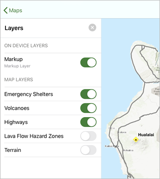 Liste des couches et carte avec les couches Lava Flow Hazard Zones et Terrain désactivées