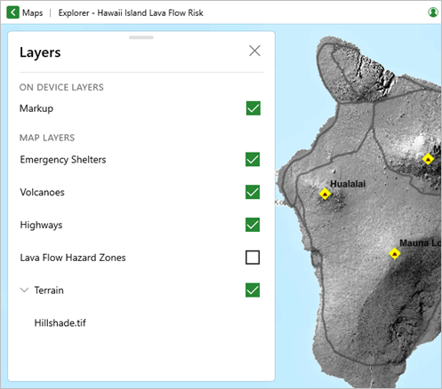 Liste des couches et carte avec la couche Lava Flow Hazard Zones désactivée