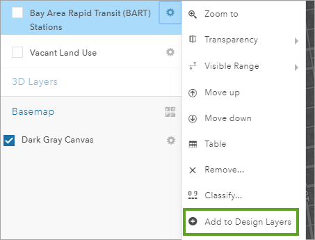 Option de menu Ajouter aux couches de conception