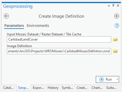 Outil Create Image Definition (Créer une définition d'image) dans le volet Geoprocessing (Géotraitement)