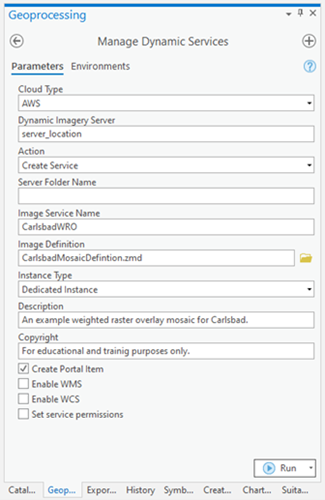 Outil Manage Dynamic Service (Gérer le services dynamique) dans le volet Geoprocessing (Géotraitement)