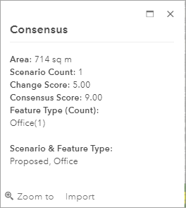 Fenêtre contextuelle Consensus (Consensus) pour une surface de 714 miles carrés, un nombre de scénarios de 1, une valeur de score de modification de 5, un score de consensus de 9 et un type d’entité de bureau