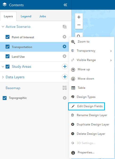 Menu Options de scénario actif avec l’option Mettre à jour les champs de conception mise en surbrillance