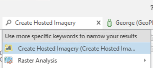 Zone de texte de recherche avec le texte Create Hosted Imagery (Créer une imagerie hébergée) et les résultats du menu déroulant