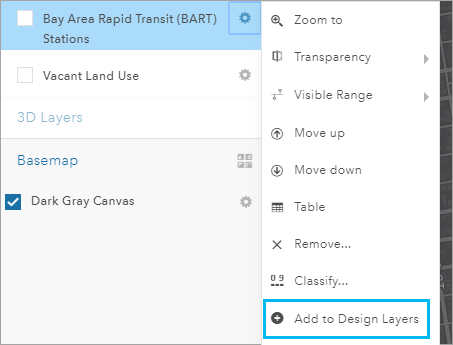 Menu Options de couche avec l’option Ajouter aux couches de conception mise en surbrillance