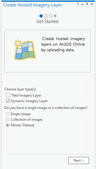 Fenêtre Create Hosted Imagery Layer (Créer une couche d’imagerie hébergée) avec case Dynamic Imagery Layer (Couche d’imagerie tuilée) cochée et option Mosaic Dataset (Mosaïque) sélectionnée