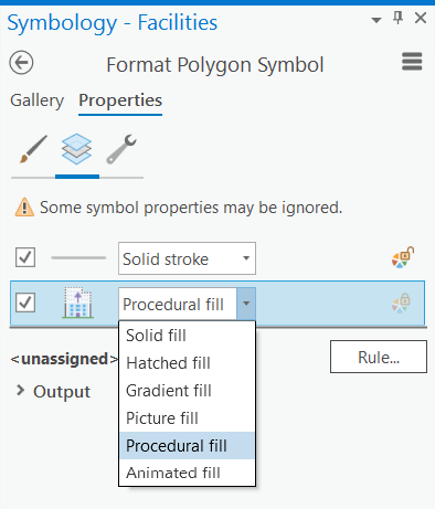 Paramètres Trait et remplissage dans l’onglet Propriétés de la fenêtre Formater le symbole de polygone