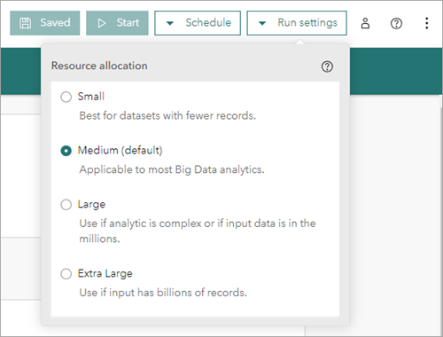 Paramètres d’exécution d’analyse de Big Data avec l’option Resource allocation (Allocation des ressources) sélectionnée
