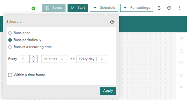Paramètres d’exécution du bouton Schedule (Planifier) avec l’option Runs periodically every five minutes (S’exécute régulièrement toutes les cinq minutes) sélectionnée