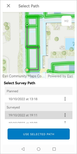 Sélectionnez un chemin d'arpentage existant sous Android.