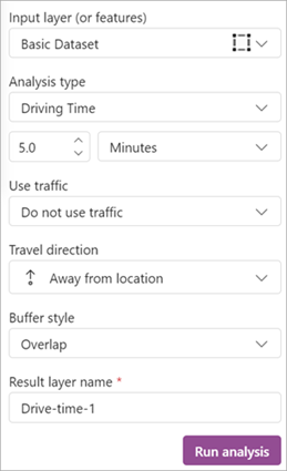 Onglet Create Buffer/Drive time area (Créer une zone tampon/zone isochrone)