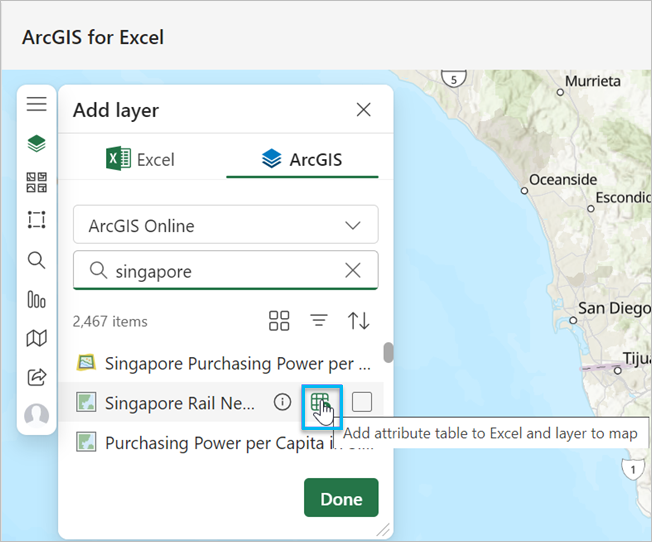 Bouton Add attribute table to Excel and layer to map (Ajouter une table attributaire à Excel et une couche à la carte) d’ArcGIS for Excel