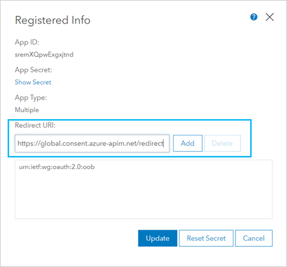 Fenêtre Registered Info (Informations d’enregistrement) avec URI de redirection ajouté