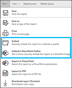 Options Embed (Intégrer) du menu File (Fichier)