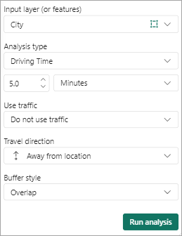 Onglet Create Buffer/Drive time area (Créer une zone tampon/zone isochrone)