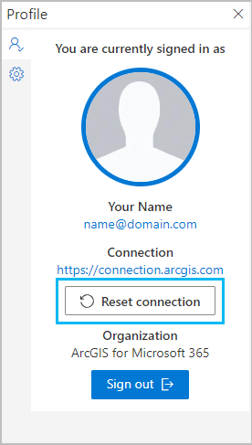 Fenêtre Profile (Profil) avec bouton Reset connection (Réinitialiser la connexion)