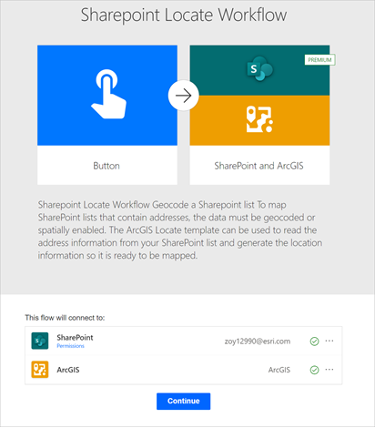 Page Sharepoint Locate Workflow affichant les connexions à SharePoint et ArcGIS