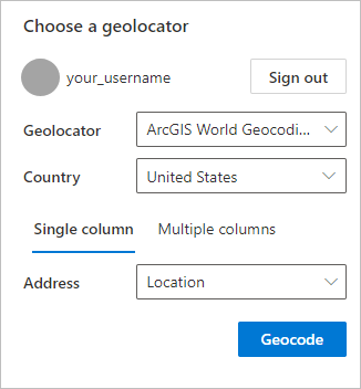 Section Choose a geolocator (Choisir un géolocalisateur) dans la fenêtre Geocode (Géocoder)