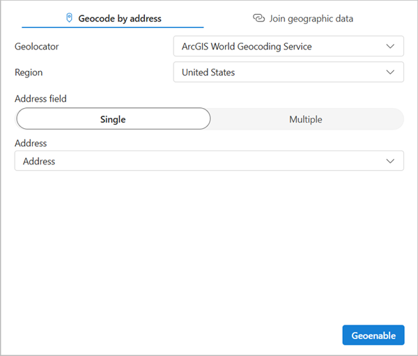 Section Choose a geolocator (Choisir un géolocalisateur) dans la fenêtre Geocode (Géocoder)