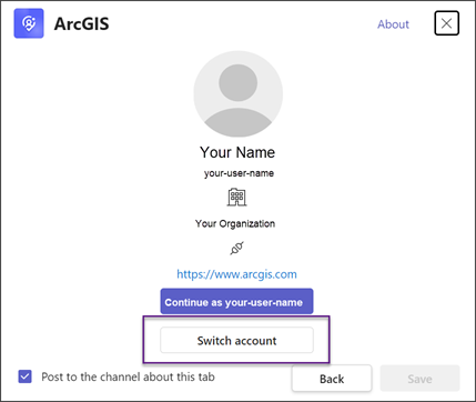 Invite de connexion à ArcGIS for Teams - Changer de compte