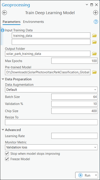 Paramètres de l’outil Entraîner le modèle de Deep Learning Paramètres de l’outil Entraîner le modèle de Deep Learning