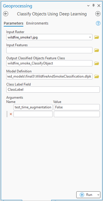 Onglet Parameters (Paramètres) dans la boîte de dialogue Classify Objects Using Deep Learning (Classer des objets à l’aide d’algorithmes de Deep Learning)