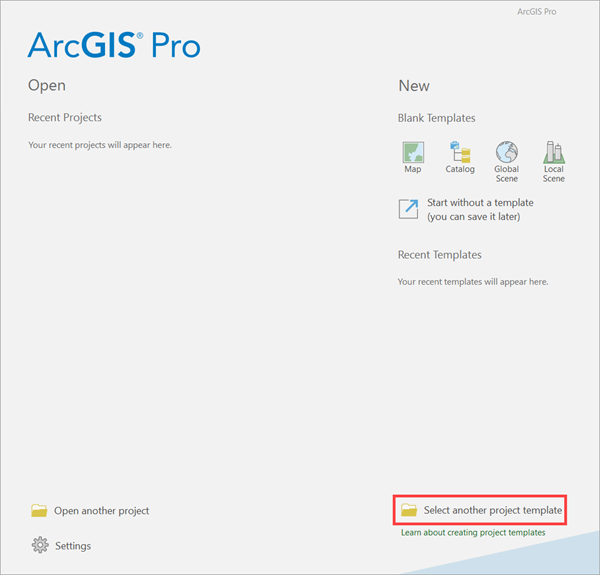 Sélectionner un autre modèle de projet dans ArcGIS Pro.